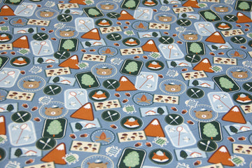 French Terry "Camping" mit Bären und Füchsen, rauchblau, 0,5 m
